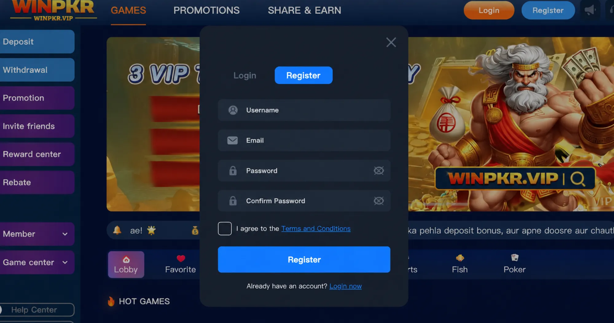 WINPKR registration form on a dark gaming website interface with username, email, password and confirm password fields