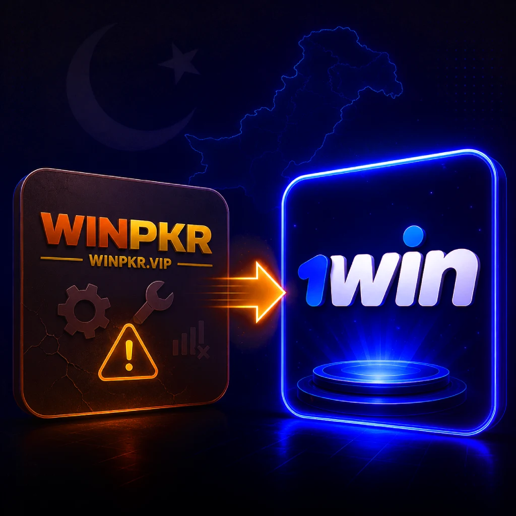 winpkr-to-1win-pakistan-migration-banner WINPKR to 1win Pakistan migration banner with neon 3D panels, glowing arrow, and Pakistan map background